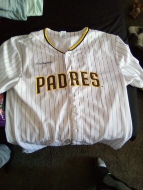 San Diego Padres White Pinstripe Baseball Jersey with Yellow Trim